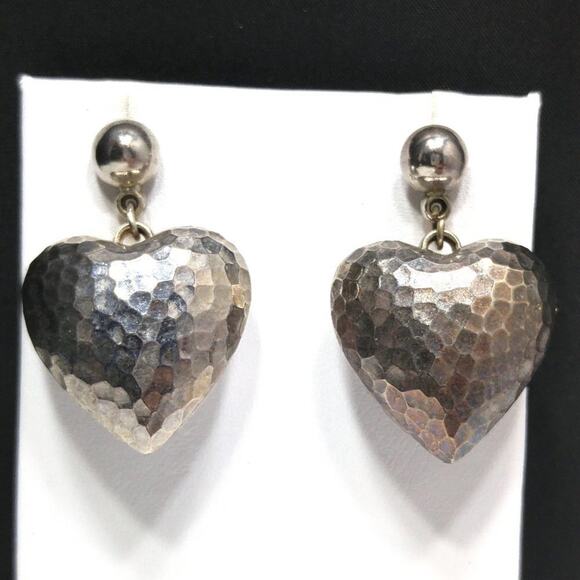 Vintage Hammered Puffy Heart Silver Tone Post Earrings, 1 1/2 Inches - Picture 5 of 7